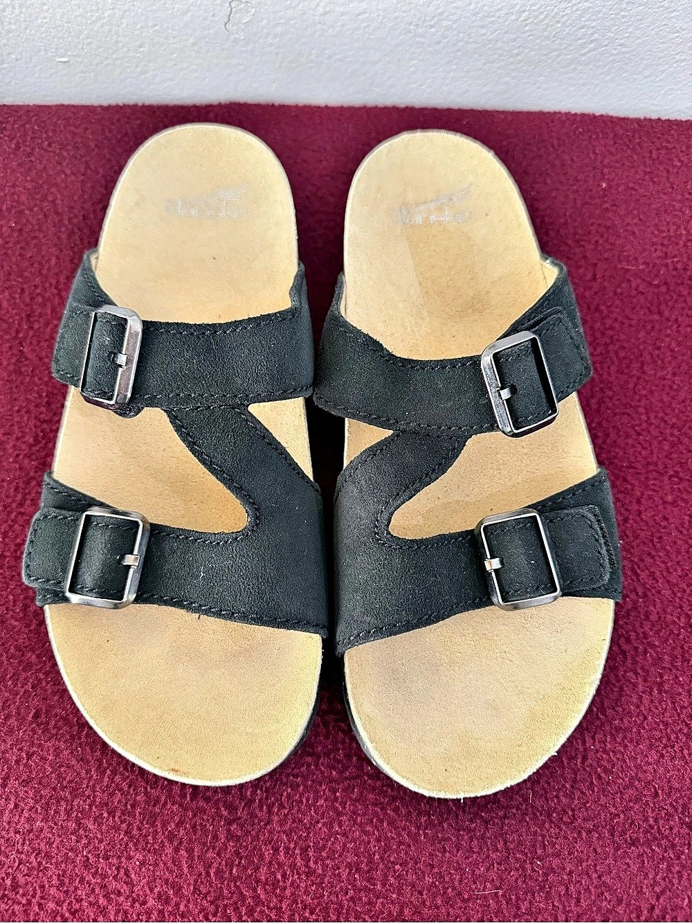 Dansko Dayna Sandals in black suede, featuring a double-strap design with adjust